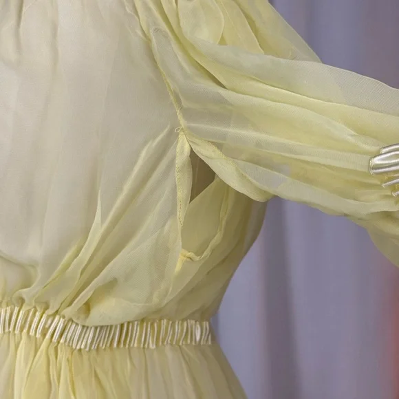 Vintage 1960s Sheer Lemon Nylon Peignoir Gown w/ Lilac Ribbon Rosette sz M/L - Picture 6 of 10